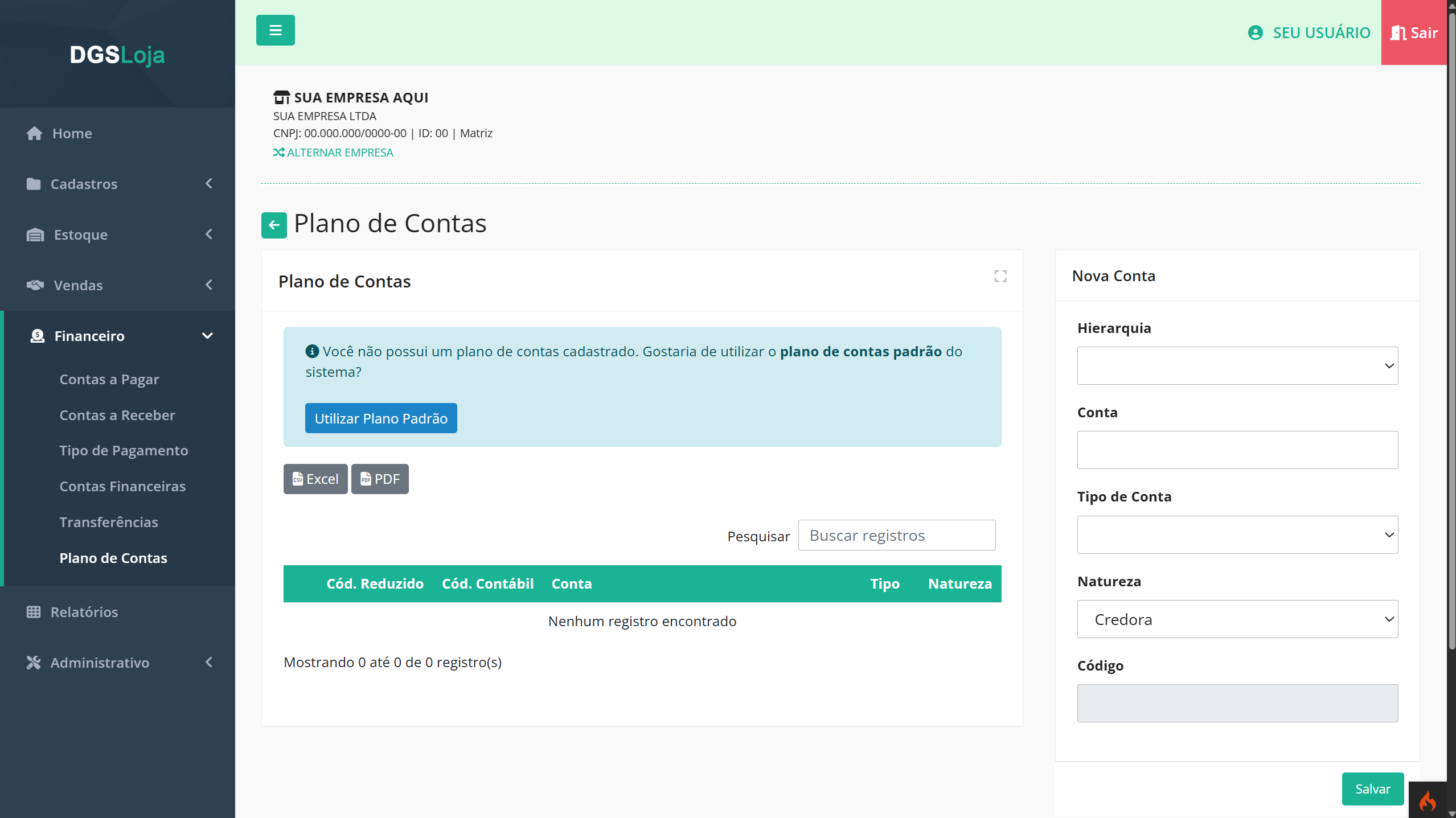 DgsLoja Financeiro - Plano de Contas hierárquico