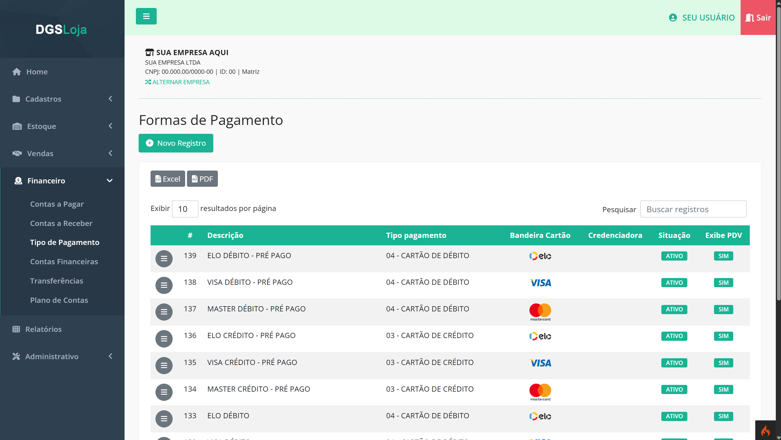 DgsLoja Financeiro - Tipos de Pagamento com bandeiras